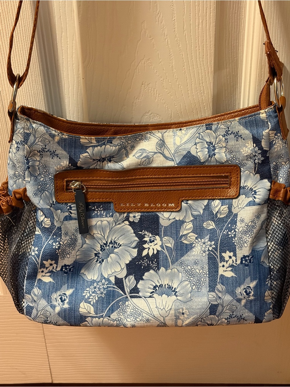 Lily Bloom Blue Floral Shoulder Bag with Brown Trim